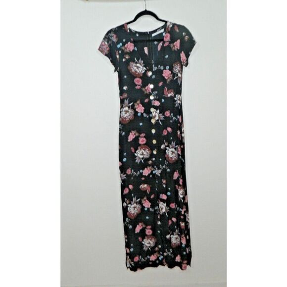 Faithfull The Brand Dress Size Small Black Floral Cottagecore Midi - Picture 1 of 9